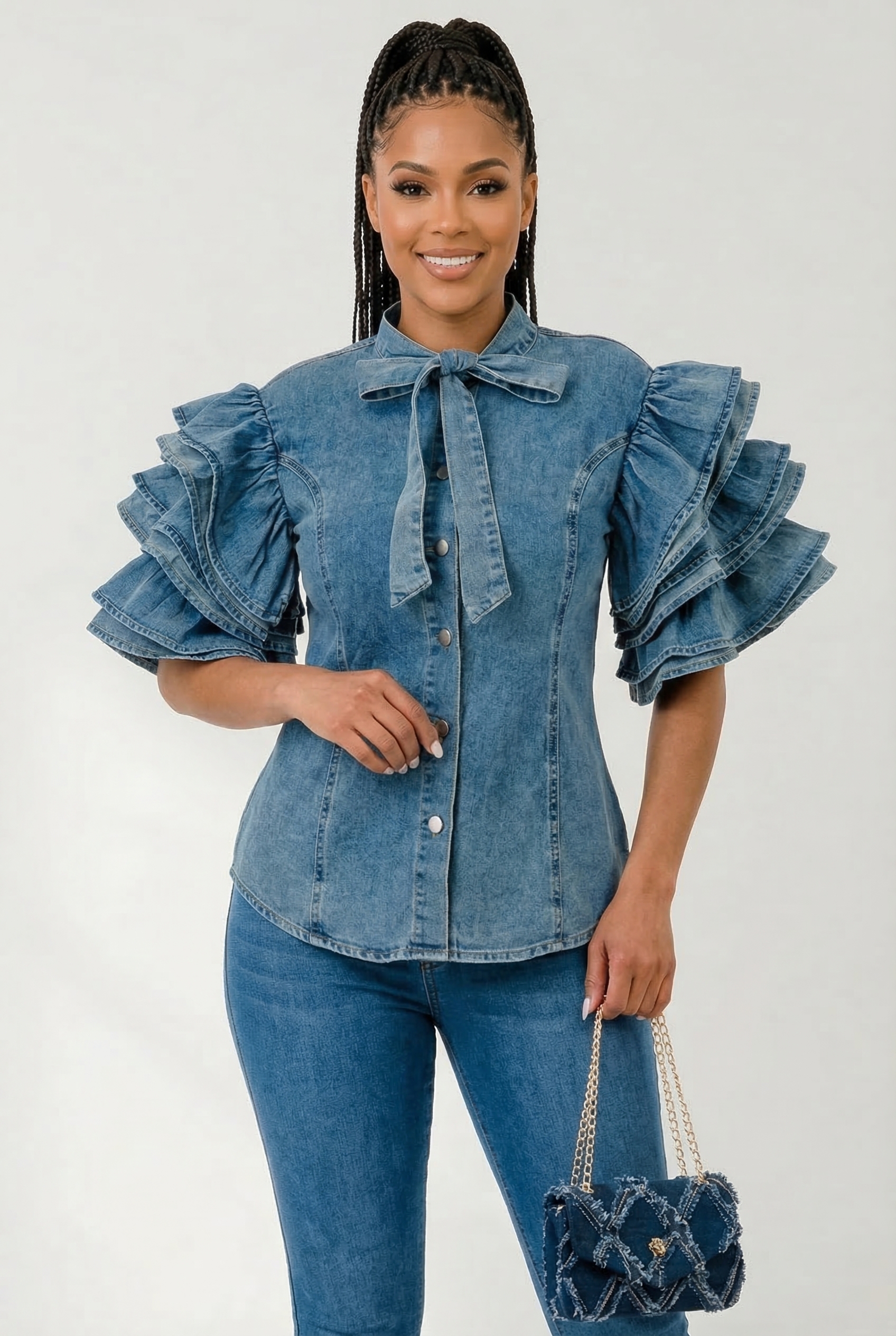 Denim Bowtie Blouse — 1
